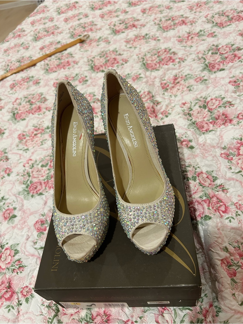 Enzo Angiolini Ivory Crystal Peep-Toe Pumps